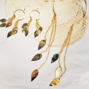 Brass leaves feather set collar necklace earrings